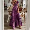Summer Women Bohemian Retro Print Pattern Beach Dress Loose Long Sleeve Short V Neck High Waist Spring