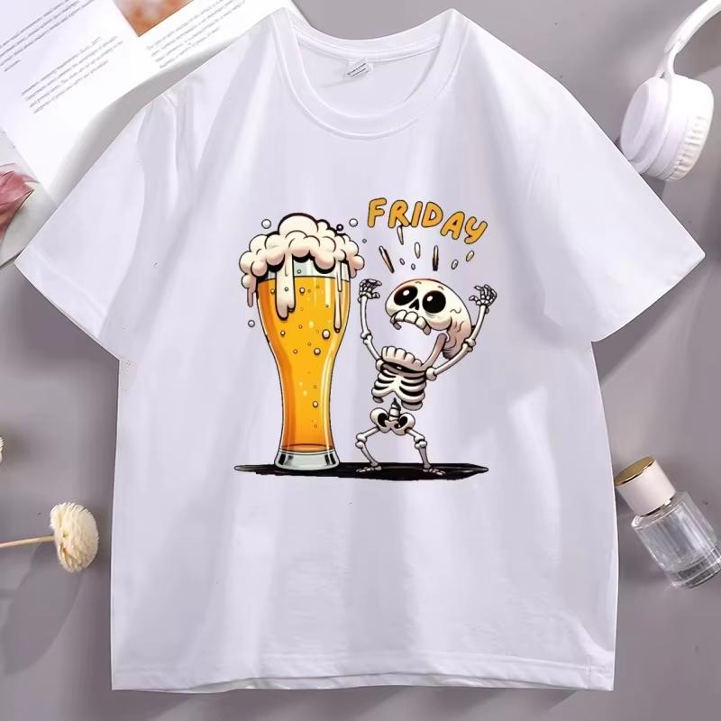 Funny Friday Beer T Shirt Unisex Vintage Skull Graphic Print Pure Cotton Regular Fit Summer Party Bar Streetwear Tee Top