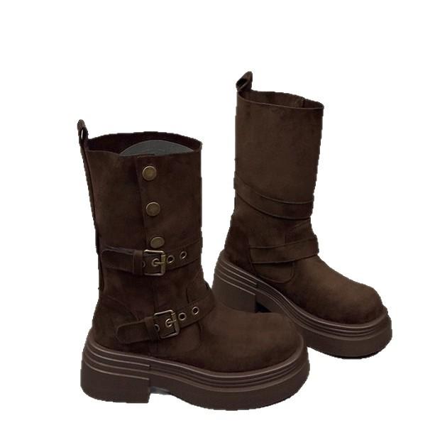 Thick-soled Martin boots for women's autumn and winter 2025 new retro suede medium boots belt buckle two wear western cowboy boots