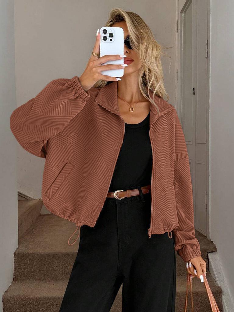 Fall Winter High Neck Zipper Drawstring Pocket Women Loose Baseball Jacket Coat