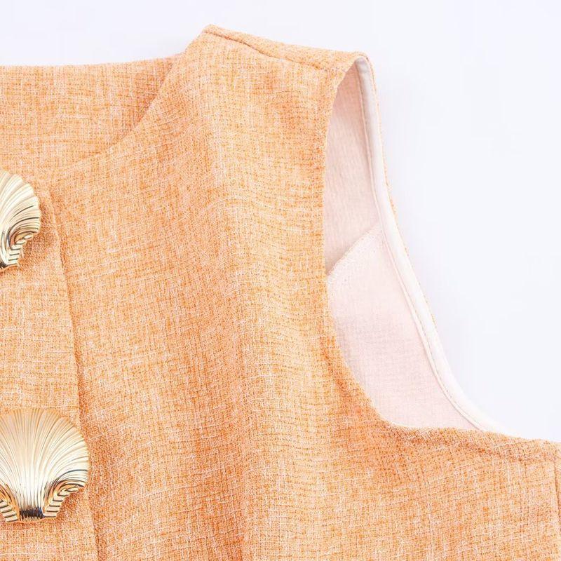 Kaslead New Women Clothes Western Style Elegant Button Decoration a Swing Sleeveless Top with Skirt Set