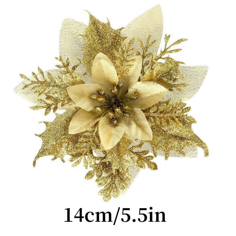 Glitter Artificial Poinsettia Flowers Christmas Tree Ornament Home Decor Sparkling New Year's Xmas Festive Flower Heads