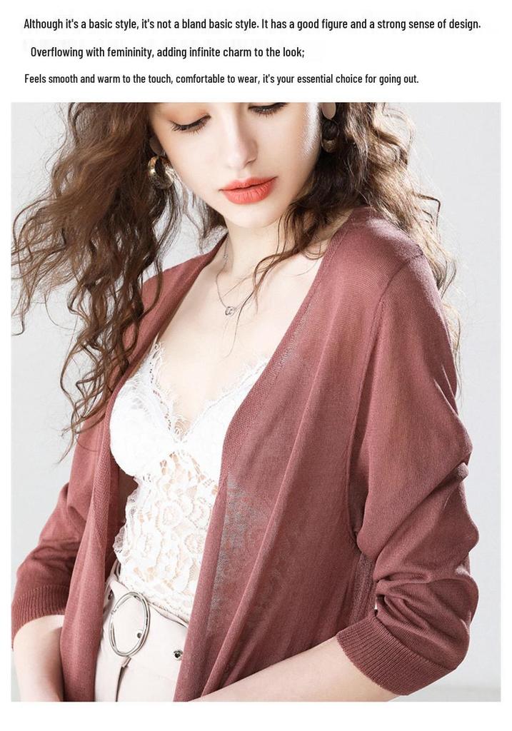 Women's Summer Sun Protection Cardigan - Lightweight, Mid-Length Wool Knit with Skirt, Three-Quarter Sleeve, Ice Silk Outerwear