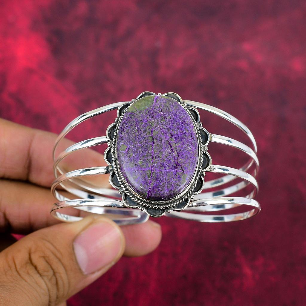 Purpurite Handmade Gemstone Jewelry, 925 Solid Sterling Silver Bangle Unique Design Jewelry, For Women