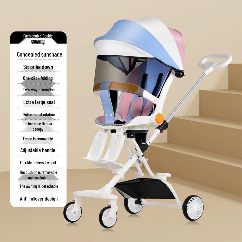 Lightweight Foldable Two-Way Reclining High Landscape Baby Stroller with Four Wheels.