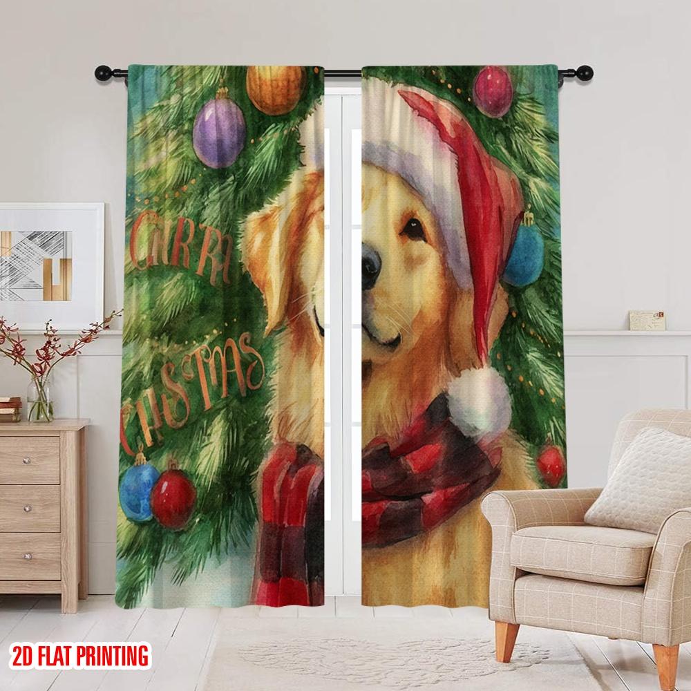 2pcs,2D Plane Printing Popular Curtains Christmas Dog Polyester (without Rod) Outdoor Decorations Ldeal for Bedroom Living Room