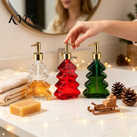Christmas Table Centerpiece 300ml Tree Soap Dispenser, Glass Hand Dish Dispenser with Pump, Sturdy Xmas Decorative Empty Bottle for Soap, Kitchen,