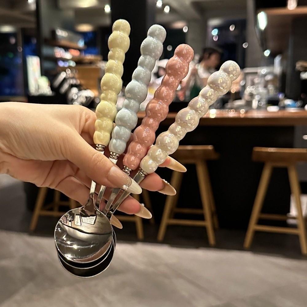 New Stainless Steel Pearl Handle Spoon Five-color Imitation Ceramic Stirring Spoons Long Handled Dessert Spoon Household