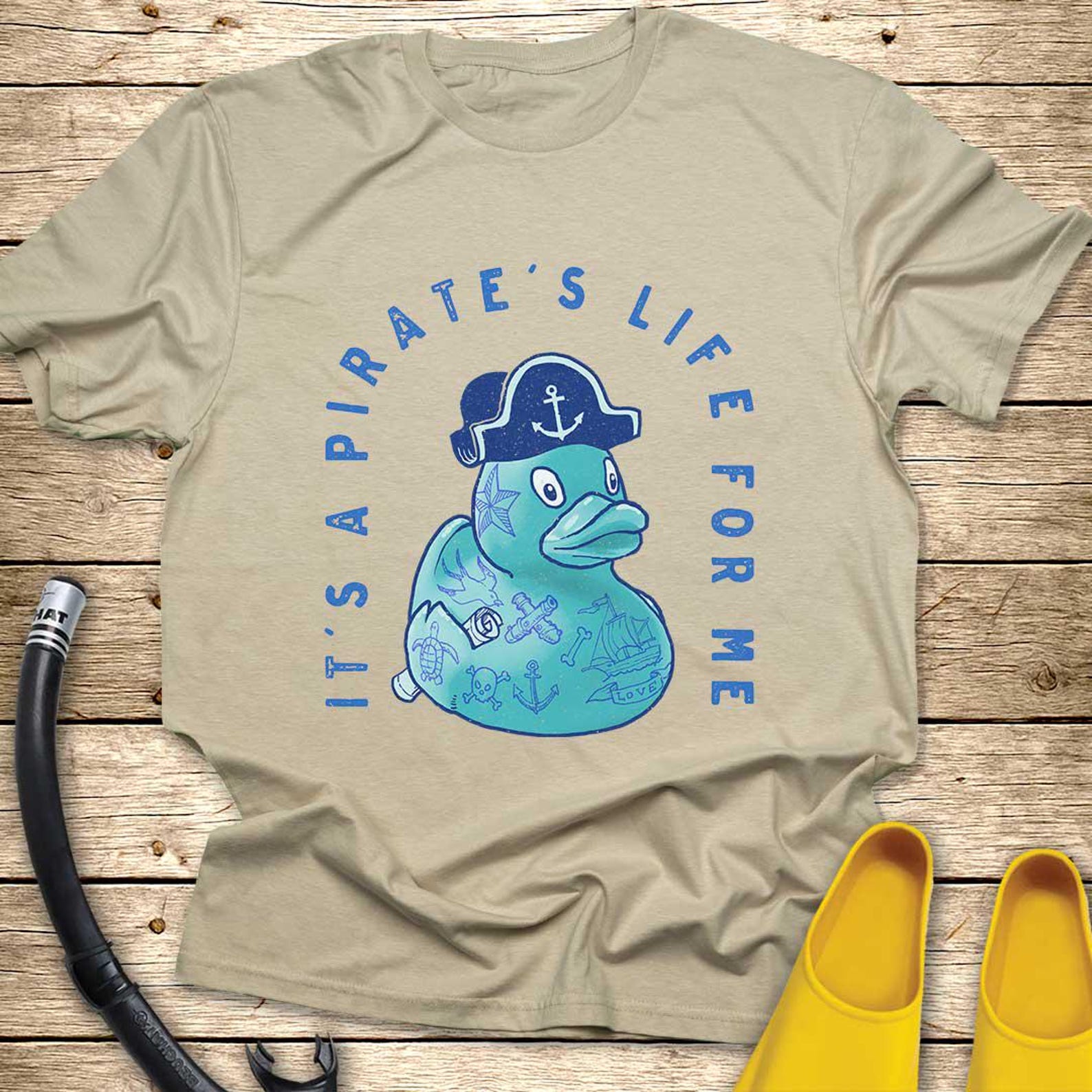Pirate Duck T-Shirt | Whimsical Illustration, Ocean Marine Tee 3XL
