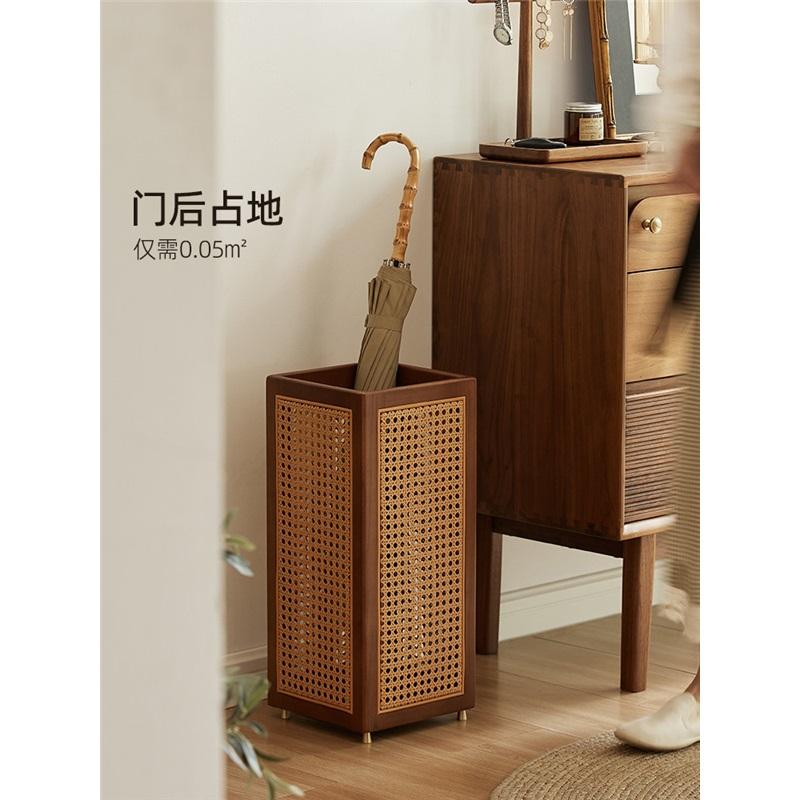 Chinese Style Solid Wood Rattan Umbrella Stand Freestanding Entryway Umbrella Storage Bucket
