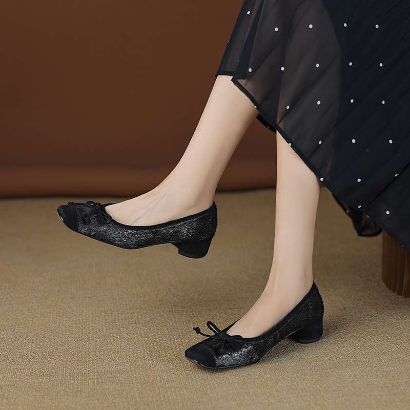 Krazing Pot Horsehair Summer Spring Autumn Med Heels Slip on Women Butterfly-knot European Design Square Toe Shallow Pumps