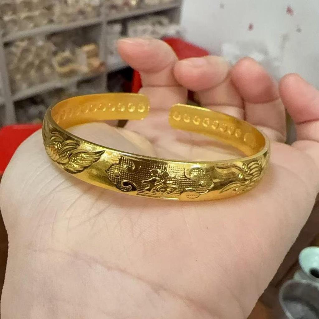 Gold-Plated Peony Heart Sutra Wide Band Open Bangle for Women