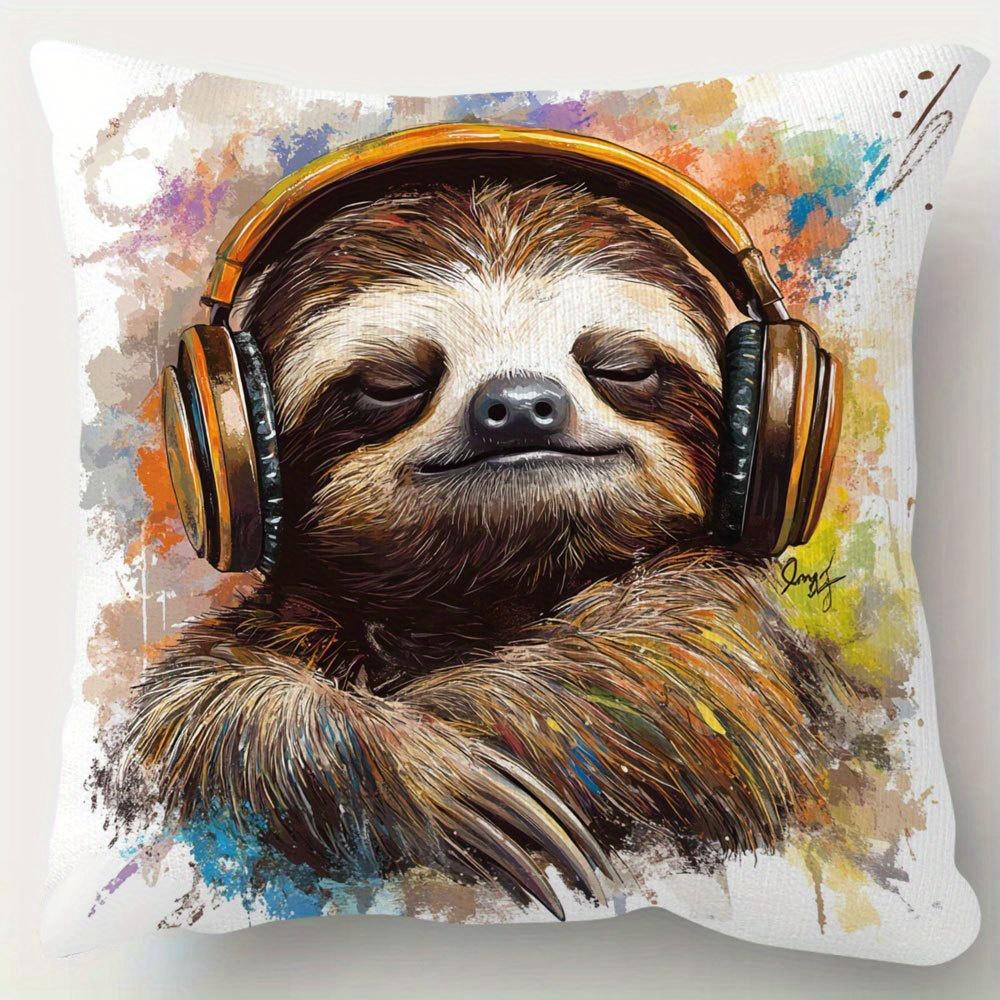 Sloth Pillowcase, Music Animal Cushion Cover, Watercolor Art Throw Pillow, Funny DJ Sloth Decor, Living Room Bedroom Decor