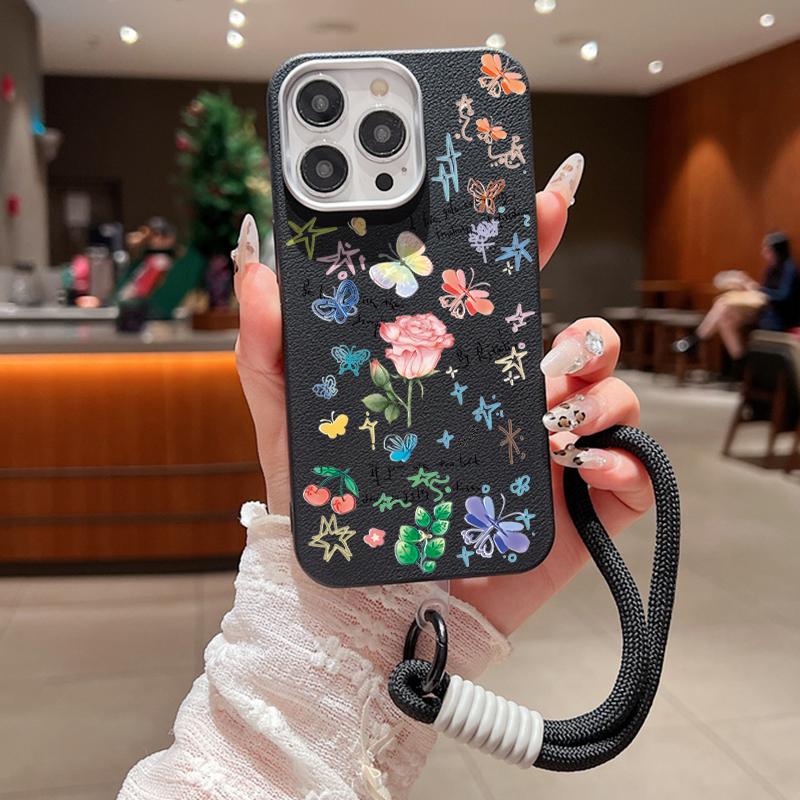 Husă mată rezistentă la șocuri, color trandafir, imprimeu floral, pentru iPhone 16 Pro Max 15 14 Pro 13 12 11, cu șnur moale, protecție pentru lentile, husă subțire din piele cu textura pentru telefon