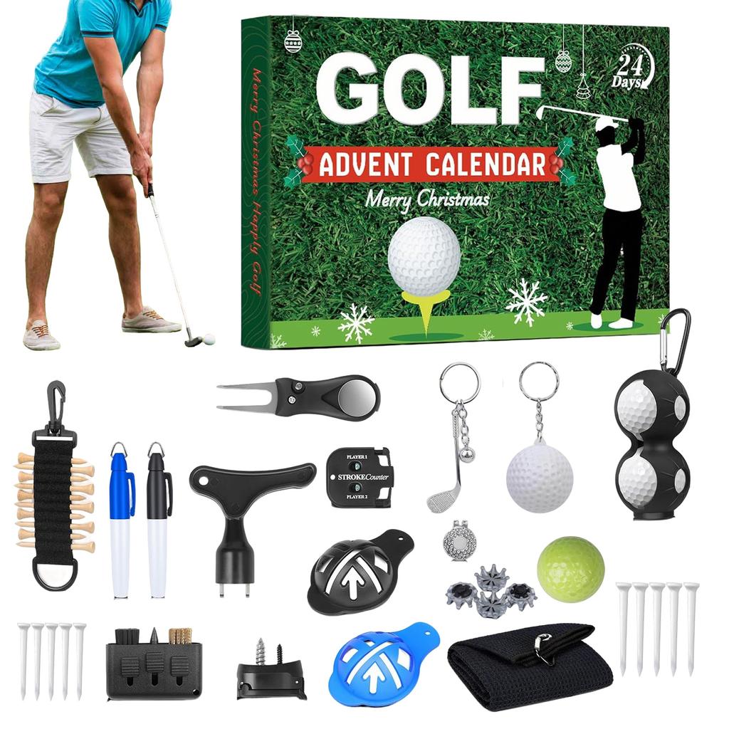 24 Days Christmas Golf Advent Calendar Gift Box Accessory Set Golf Themed Design for Men Women Kids Enthusiasts Stocking Stuffer