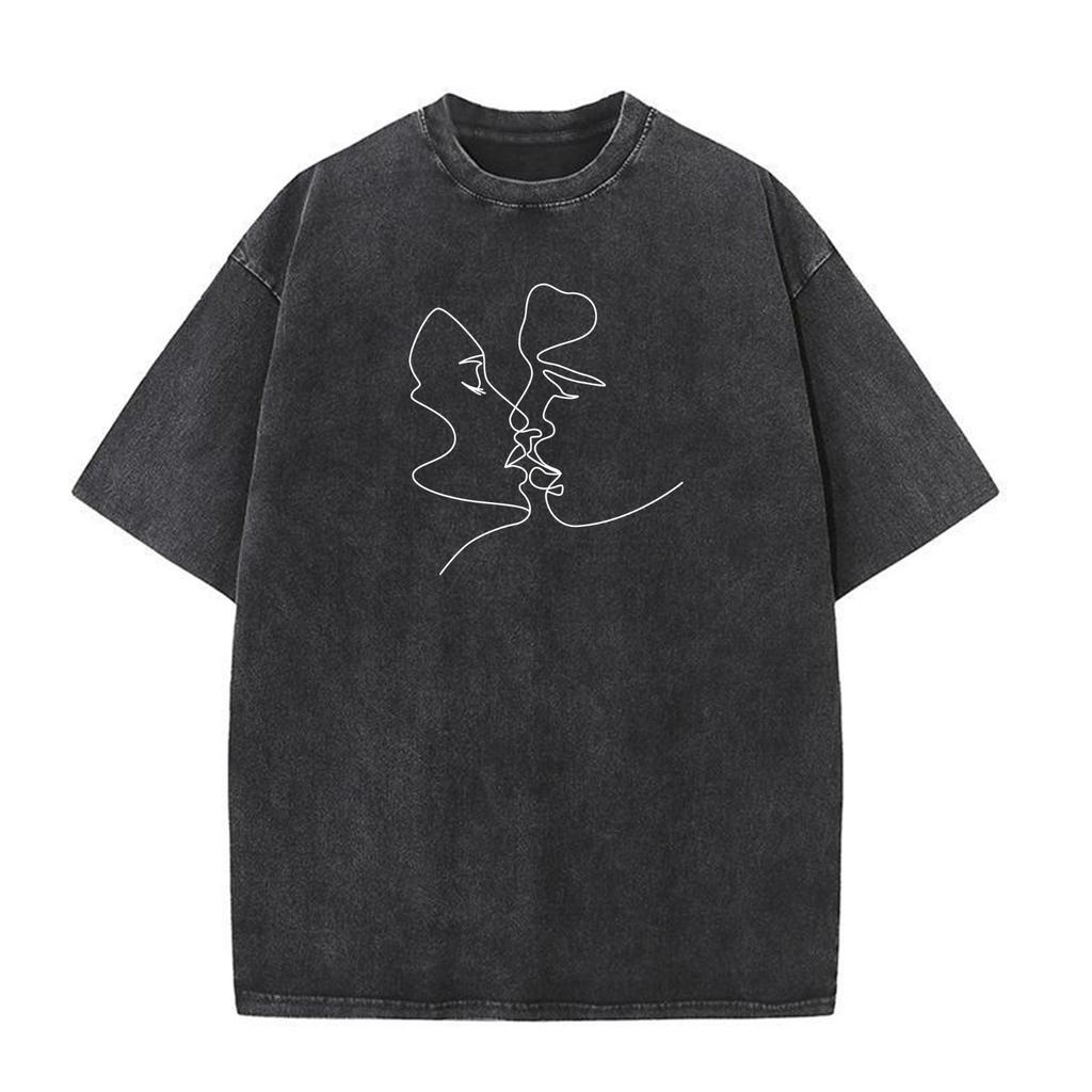 Unisex Vintage Washed T-Shirt Minimalist Line Art Kissing Faces Graphic Top