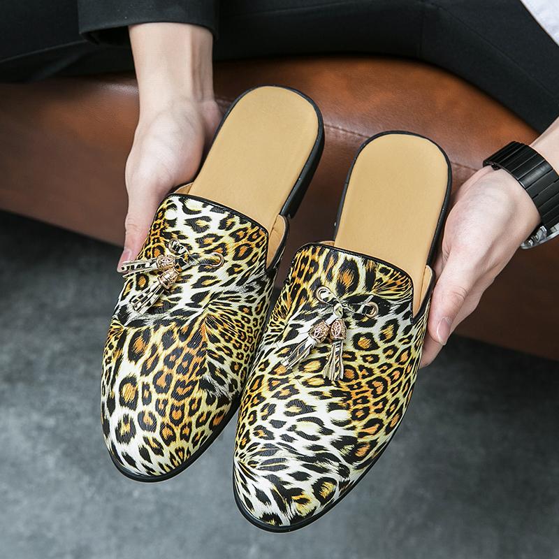 Fashion Summer Slip On Half Shoes For Men Leather Slippers Casual Mules Breathable Comfy Loafers Big Size Moccasins Leopard Fashion