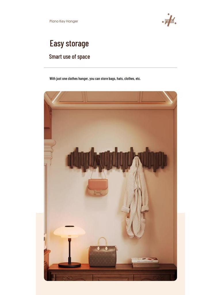 Solid Wood Coat Rack with Piano Key Hooks – Adhesive, No-Punch Design for Wall or Door