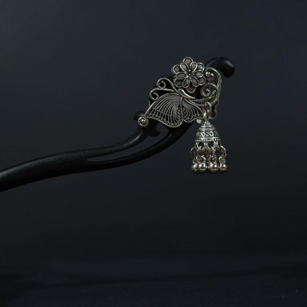 18cm Double-Sided Ancient Silver Tassel Hairpin, Vintage Hanfu Hair Stick for Women, Traditional Chinese Hair Accessory