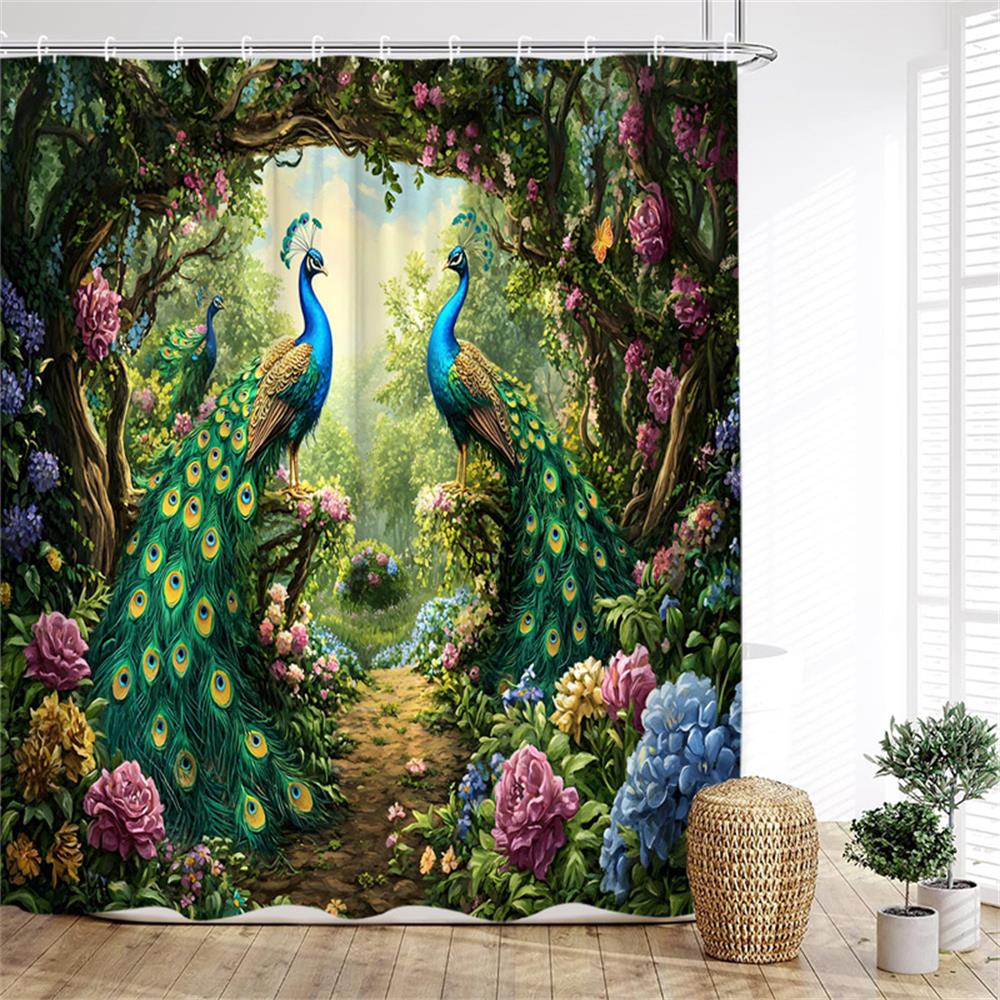 Blue Peacocks Shower Curtains Forest Trees Plants Flowers Waterfall Scenery Polyester Fabric Bathroom Curtain Decor With Hooks