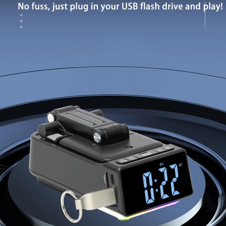 Alarm Clock Bluetooth Speaker Tablet Mobile Phone Stand Rotation Lifted Folding Portable Charging Bank LED Colorful Lights U Disk Player