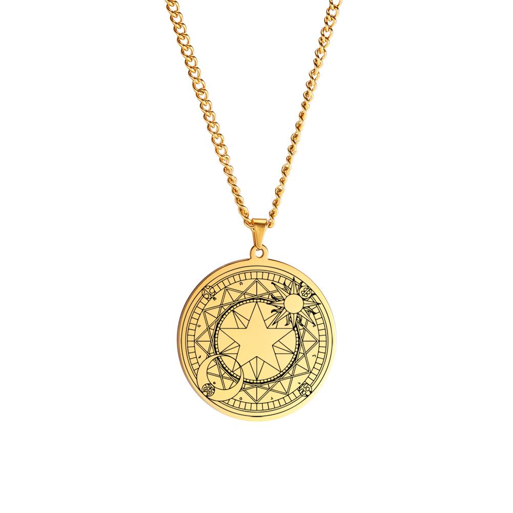 Dawapara Pentagram Crescent Necklace Sakura Magic Circle Sun Moon Star Magic Array Good Luck Amulet Stainless Steel Jewelry