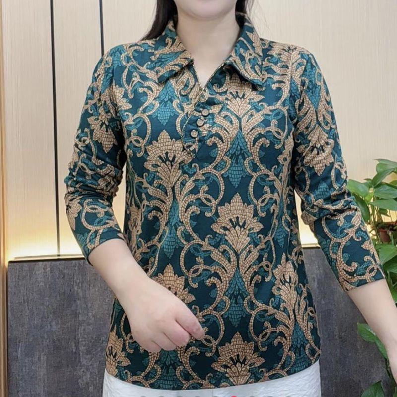

Chic Autumn/Winter Print Button-Down Long-Sleeve Warm Shirt for Middle-Aged & Elderly - Age-Reducing, Tummy-Covering 3XL зелёный