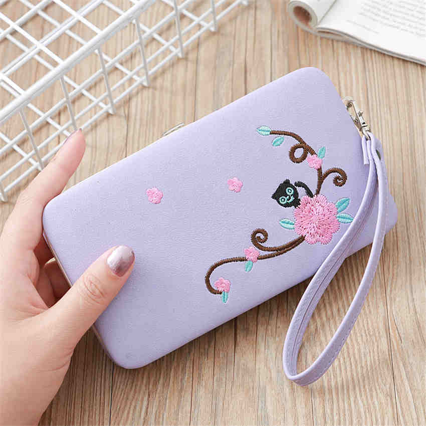 Fashion Females Flower Embroidery Long Wallet Ladies Wallet Women Cell Phone Bag