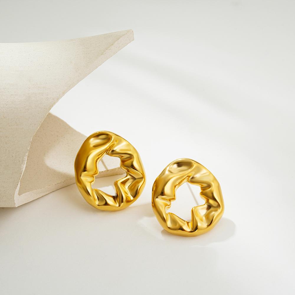 Simple Round Hollow Stud Earrings for Women Fashion Gold Plated Irregular Fold Texture Geometric Earring Trendy Jeweley Gift