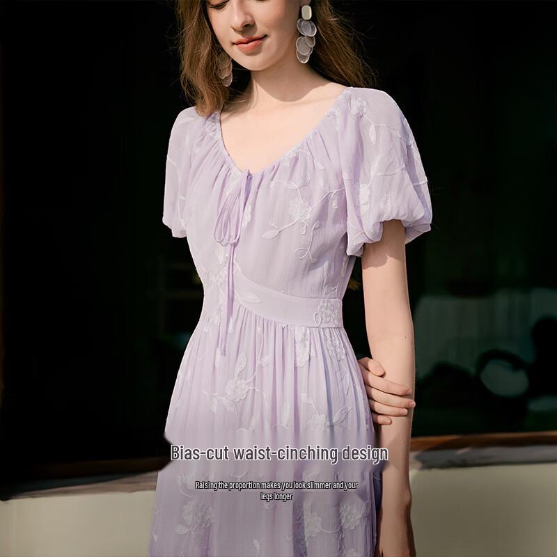 French V-Neck Puff Sleeve Embroidered Jacquard Dress