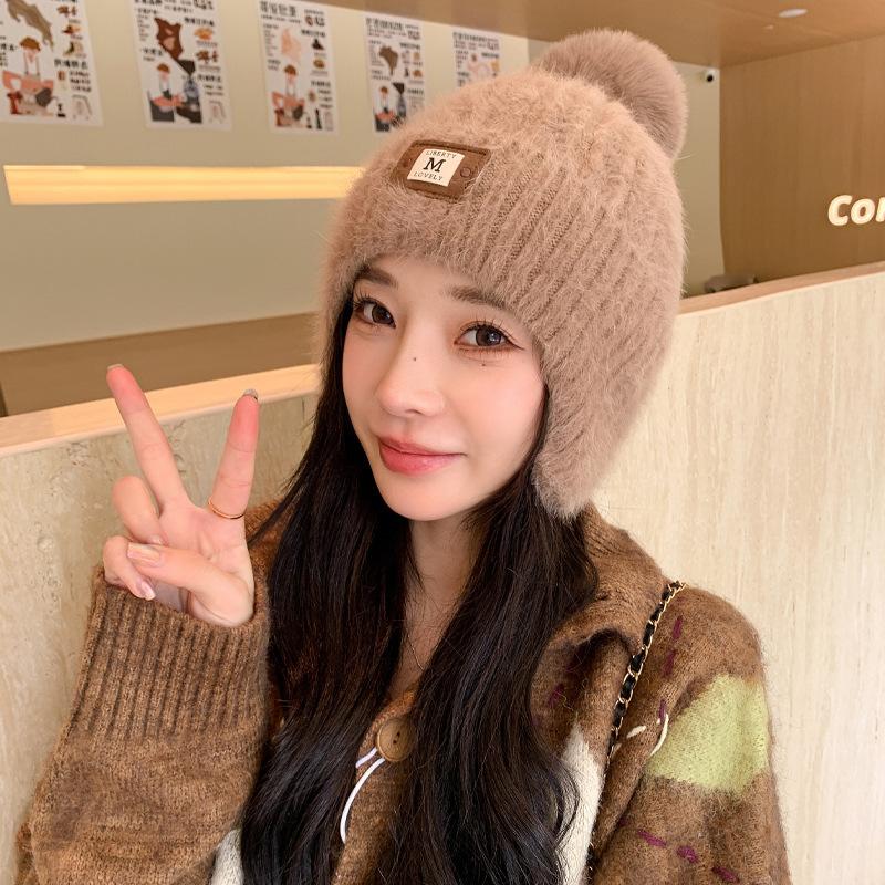 Hat Women's Fashion Leather Label Knitted Wool Hat Winter Warm Student Ear Cap Thick