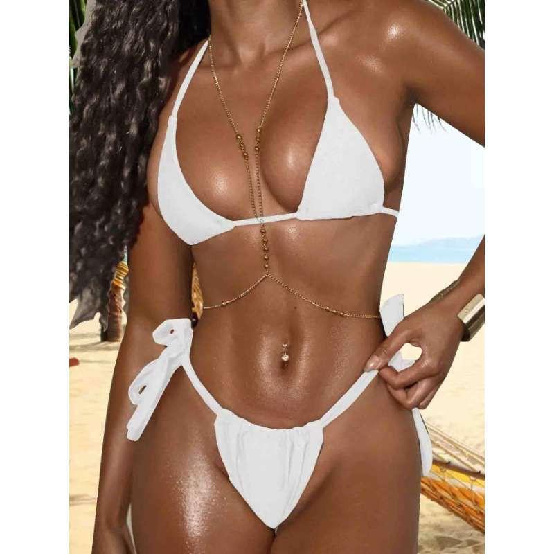 Womens Solid Color Triangle Bikini Set Adjustable Straps Backless Swimwear With Padded Cups
