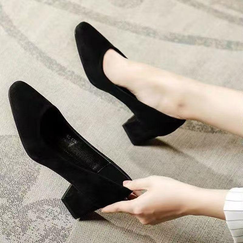 High heels women's autumn new suede versatile black professional work shoes pointed thick heel not tired feet single shoes