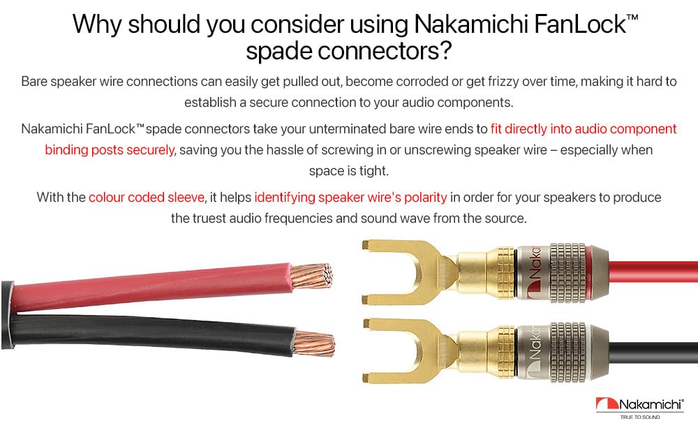 Nakamichi FanLock Excel 24k Gold Plated Spade Connector Banana Plug 10-18 AWG 4mm Hi-Fi Audio Speaker Amp 12pcs (6 Pairs)
