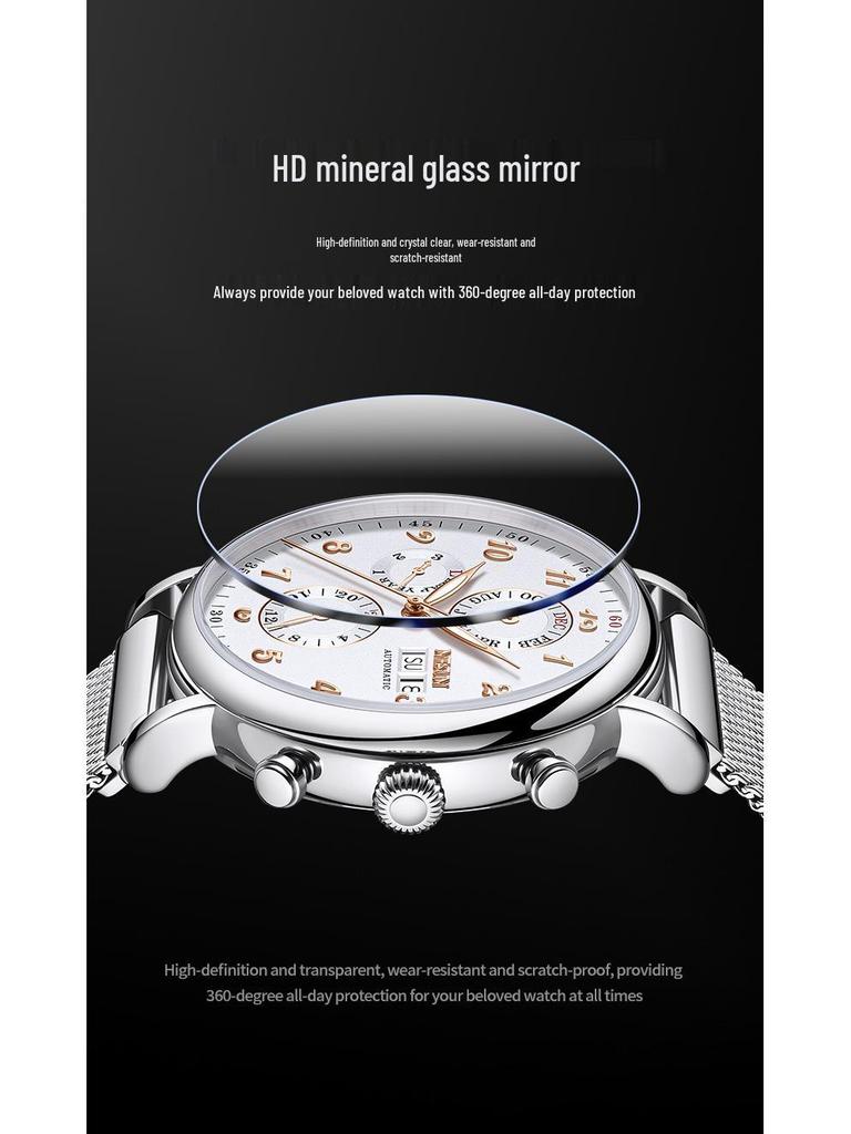 NESUN Herren Automatische Mechanische Uhr, Multifunktionale Wasserdichte Leder-Stahl Armbanduhr 9029