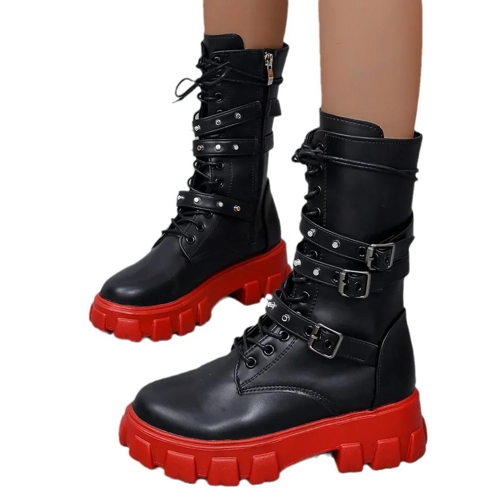 Luxury Brand Woman Boots  Winter New Pu Leather Platform Fashion Lace Up Punk Gothic Booties Casual Work Shoes Botines Mujer