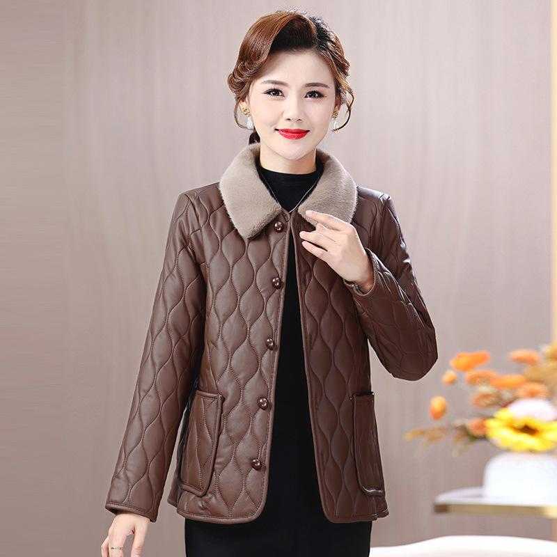 Chic Winter Fleece-lined Coat for Middle-aged & Elderly Women - Fashionable Leather-Feel, Loose Fit Top