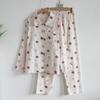 Womens Cotton Pajama Set Long Sleeve Button-Up Top With Pants Cartoon Print Comfortable Home Wear Fall Winter