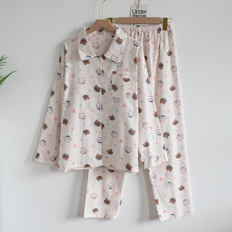 Womens Cotton Pajama Set Long Sleeve Button-Up Top With Pants Cartoon Print Comfortable Home Wear Fall Winter