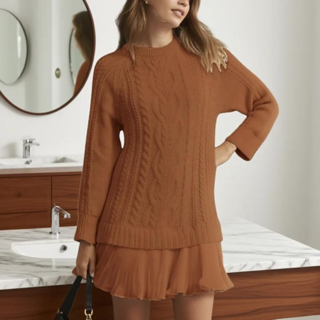 Winter Long Sleeve Twist Knitted Sweater Dress Woman O Neck Ruffle Chiffon Pleated Dresses Fall Solid Warm A-Line Pullover Dress