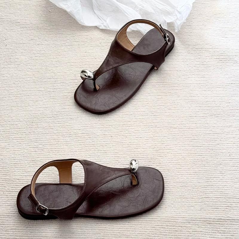 Retro One-word Buckle with Flat-bottomed Set of Toe Sandals for Women's 2025 Summer New Soft Leather Toe Roman Open-toed Sandals
