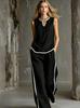 European Style V-Neck Sleeveless Top with Black Trim & Color Blocking, Paired with Simple High-End Wide-Leg Pants - 2026 Summer Collection