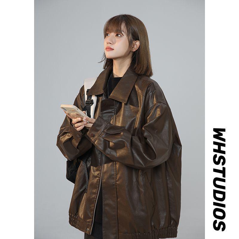 

Ретро кожаная куртка женская весна и осень новая модная высококачественная свободная кожаная куртка мотоциклетная одежда XL Recommended 57.5kg-65kg