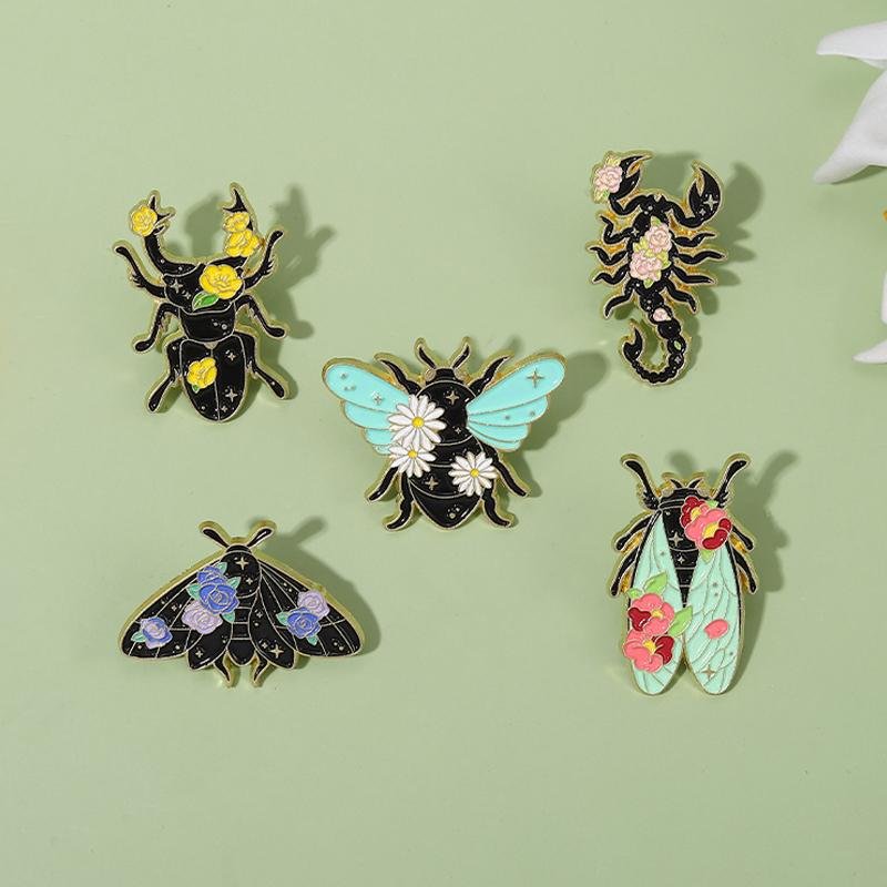 Floral Insects Enamel Pins Custom Nature Moth Cicada Scorpion Brooches Lapel Badges Funny Jewelry Gift for Kids Friends