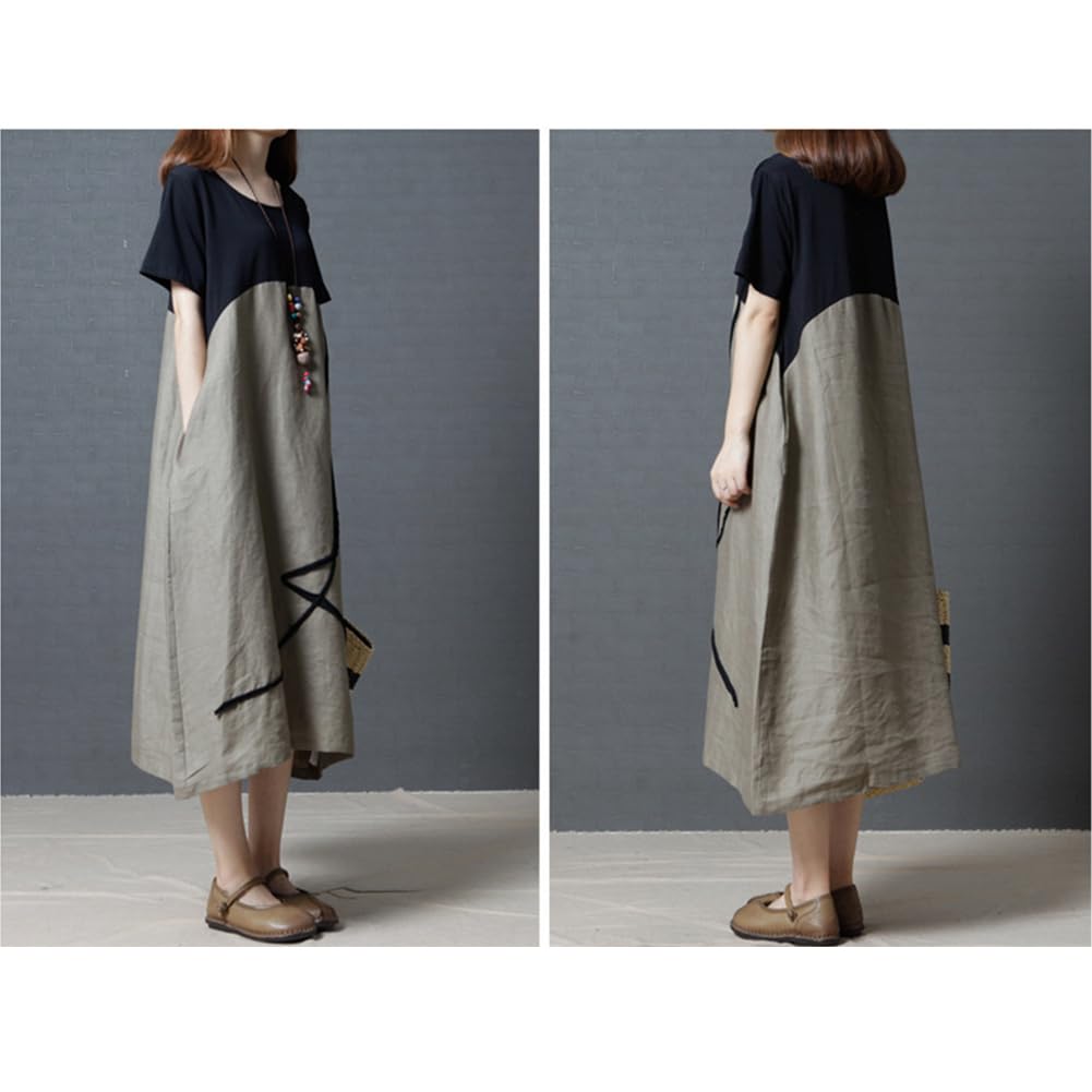 Short Round Long Plus [SDSXZWG] Women's Cotton-Linen Dress, Sleeve, Lightweight, Neck, Dress, Flattering, Slimming, Sizes, Summer/Autumn (JP,
