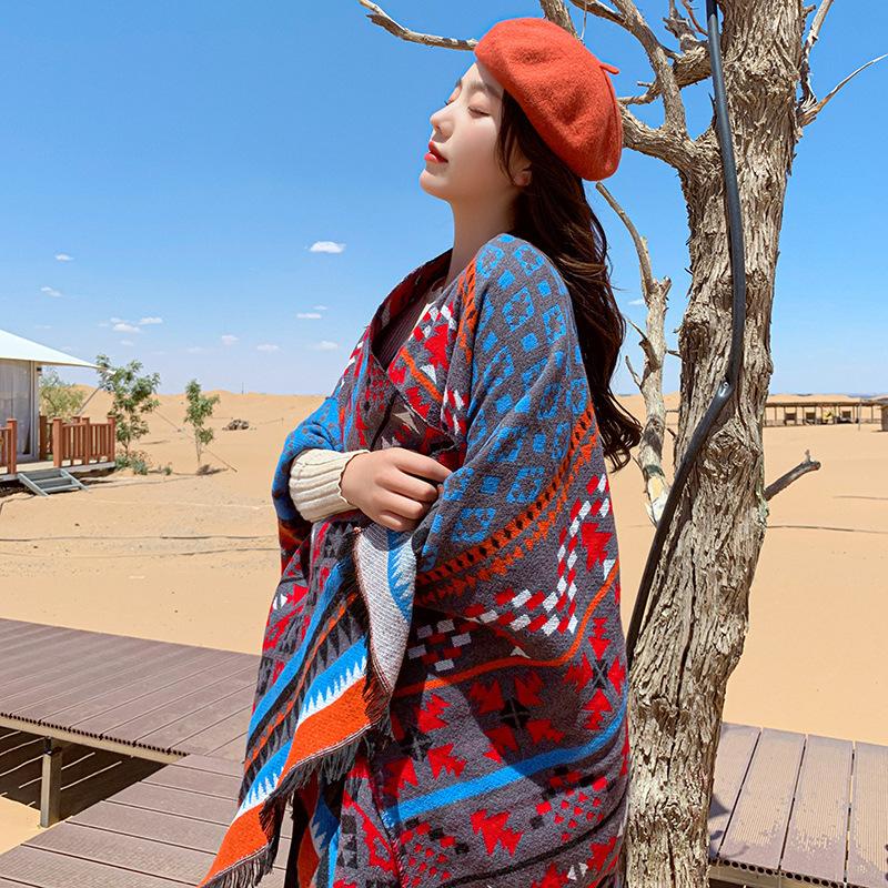 Travel large shawl women's imitation cashmere with double-sided cape geometric pattern fringe air-conditioning room cape summer