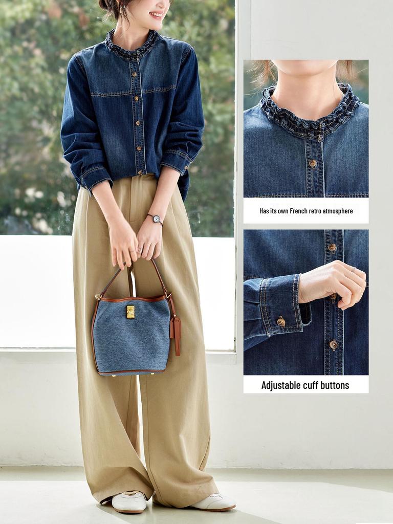 Women's Long Sleeve Retro Blue Denim Shirt Jacket with Ruffled Collar - 2026 Spring Arrival