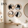 Sichere Wanddekoration für Zuhause 4 Stück Minimalistische Schwarze Katze Kunst, Geometrischer Runder Kreis Holzsonnenbeständiges Holzdekor, Abstraktes Hängeschild für Wohnzimmer