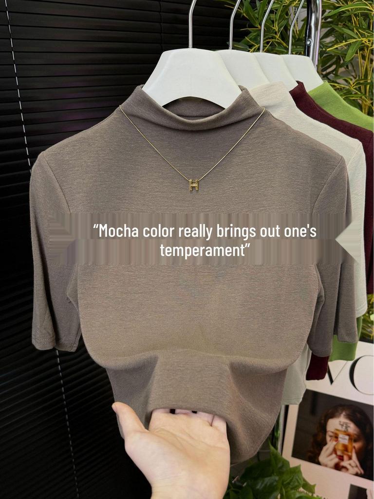 Women's Black Ribbed Three-Quarter Sleeve Slim-Fit Half-High Neck T-Shirt for Spring/Autumn 2025