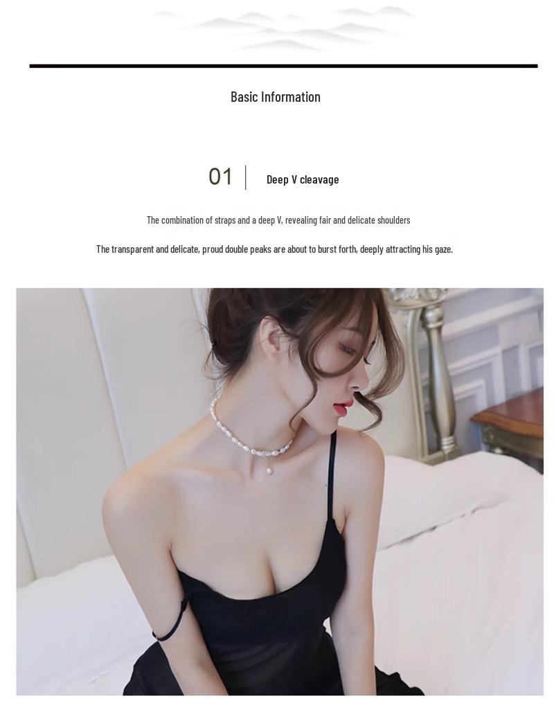 Black Mesh Low-Cut High-Slit Lingerie Camisole Dress - Erotic, Transparent Nightgown for Women